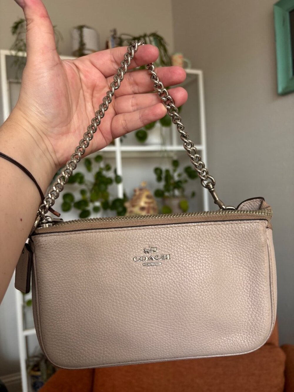 COACH Nolita Wristlet Bag Pebbled Leather Chain Clutch Neutral Nude - Picture 12 of 12